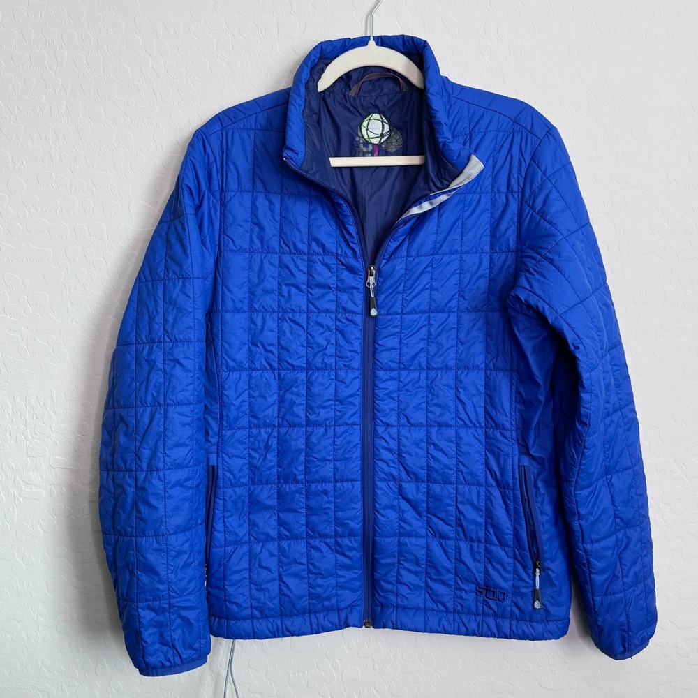 Stio Pinion Down Sweater Puffer Jacket Womens XL Blue Logo Gorpcore Hiking